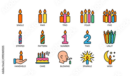 Birthday candle icons showing candle arrangements on white background