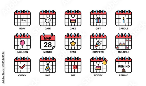 Calendar icons for birthday reminders and event markers on white