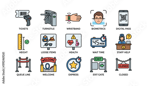 Entry access and visitor management icons shown in a grid on white