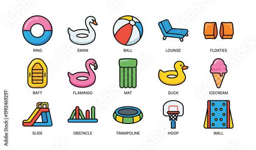 Pool toys and inflatable play items arranged on white background