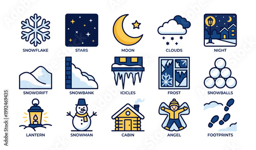 Winter icons depicting snow items and nighttime scenes