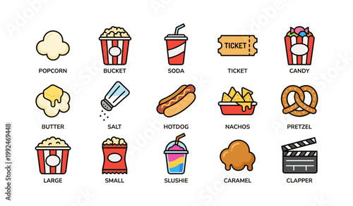 Movie snacks and concession icons arranged on white background