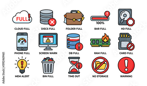 Storage full and warning icons arranged in grid on white background