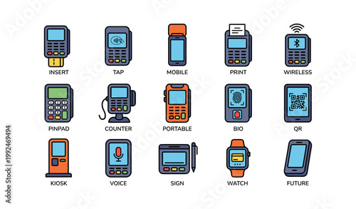 Grid of terminal icons showing card readers and mobiles on white