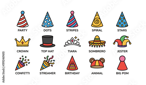 Assorted party hats and celebration accessories on white