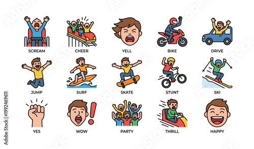 People performing excitement actions and sports in icon grid