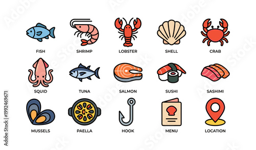 Seafood and shellfish icons arranged in grid on white background