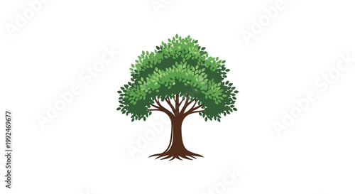 A stylized illustration of a deciduous tree with green leaves, brown trunk, and roots