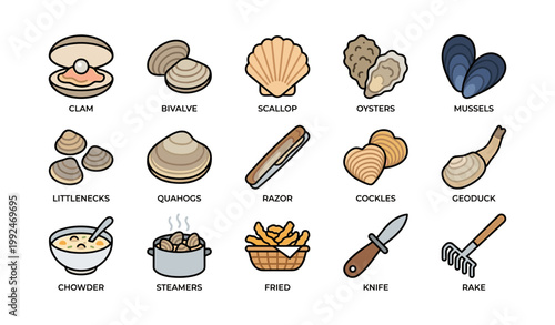 Seafood shell icons showing clams mussels and cooking tools