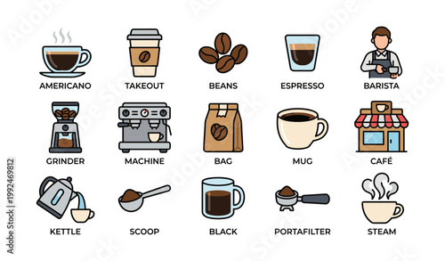 Coffee and cafe icons displayed with labels on white background