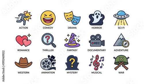 Film genre icons displayed with labels on white background