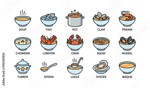 Seafood and soup icons arranged as labeled food symbols