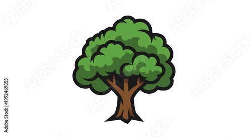 A cartoon-style depiction of a tree on a white background. Features brown trunk & green foliage