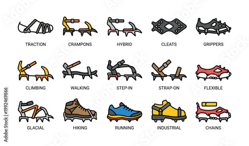 Various traction attachments for footwear arranged on white background