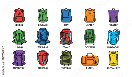 Various backpack types arranged on white background grid