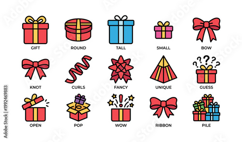 Gift and ribbon icons showing packaging variants on white background