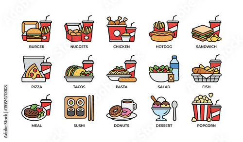 Fast food and meal icons arranged on white background