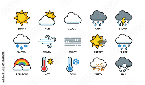 Weather icons showing various conditions on white background
