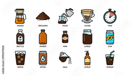Coffee icons arranged in grid layout on white background