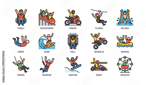 Amusement and stunt icons showing rides on white background