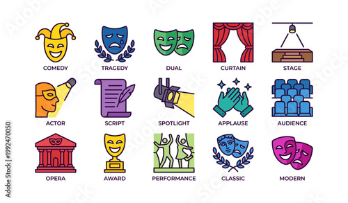 Theater icons organized in labeled grid on white background