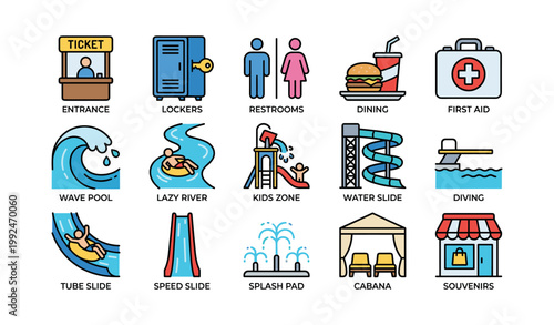 Water park facility icons showing attractions and guest services