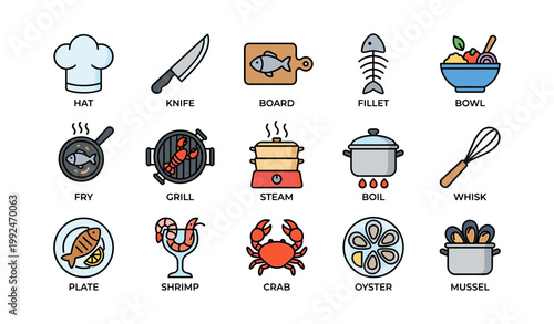 Seafood and cooking icons showing utensils and dishes on white