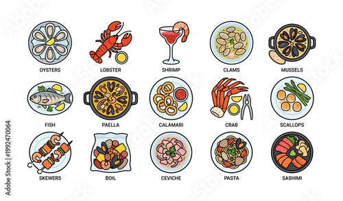 Seafood dish icons displayed in labeled grid on white background