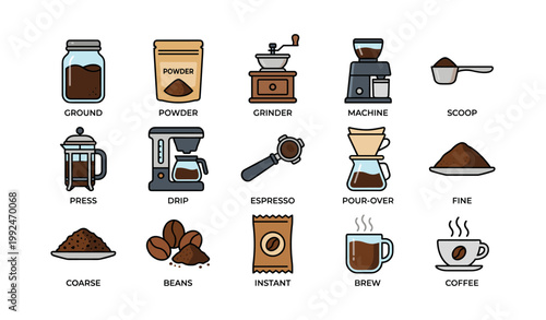 Coffee grind and brewing icons showing beans powder and equipment