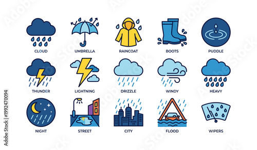 Rain weather icons showing precipitation hazards on white background