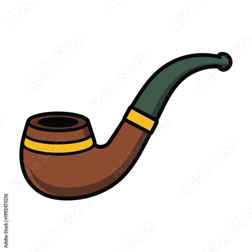 Smoking pipe constructed from dark wood material features a metallic band near the mouthpiece for an elegant.