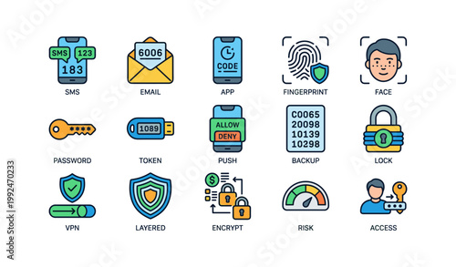 Authentication and security icons arranged in grid on white background