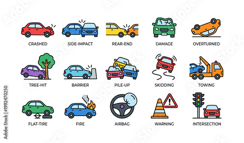 Vehicle accident icons showing crash types on white background
