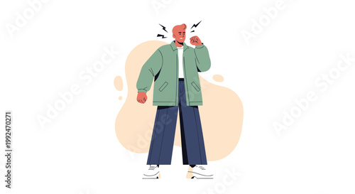 Illustrated stressed man, frustrated person, worried face, green jacket, blue jeans, vector character