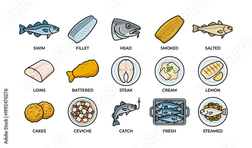 Collection of fish and seafood food icons arranged in rows