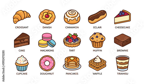 Assorted pastry and dessert icons arranged in rows and columns