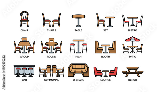 Chair and table icons showing dining furniture on white background