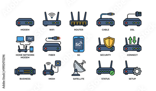 Network devices and connection icons in organized grid layout