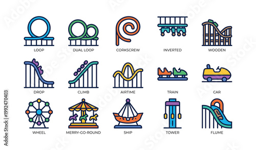 Roller coaster icons arranged in grid on white background