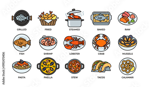 Seafood dish icons arranged in rows on white background