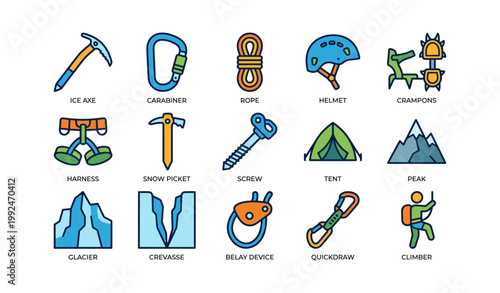 Climbing gear icons showing mountaineering equipment on white