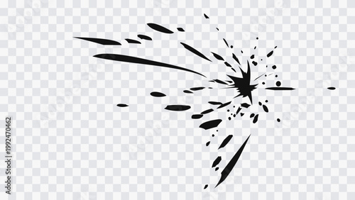 Abstract manga-style impact splash with dynamic ink fragments bursting from a central point. Sharp motion strokes and scattered drops create a sense of speed and explosive energy.