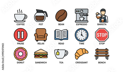 Coffee and snack icons arranged in grid on white background