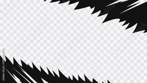 Abstract manga-style frame with sharp jagged edges and dynamic black shapes forming a dramatic border.