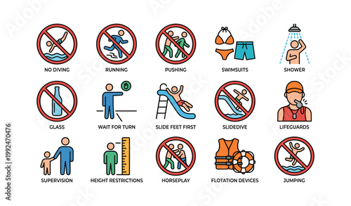 Pool safety icons showing rules and equipment at swimming area