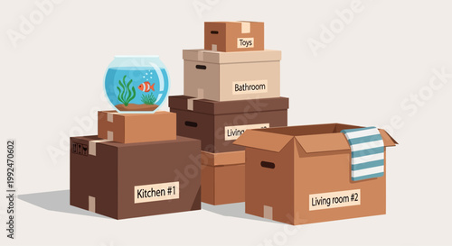 Moving boxes, cardboard boxes, packing boxes, storage containers, brown boxes, moving supplies, household items