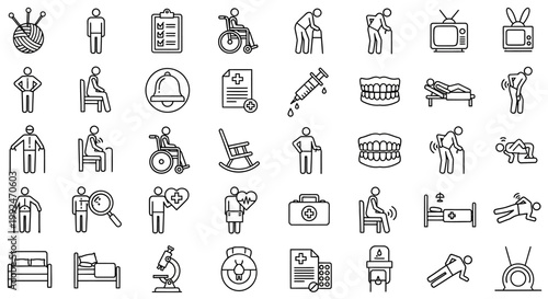 Disability, accessibility icons set, 40 line style symbols, black and white illustrations, vector graphics for inclusive design