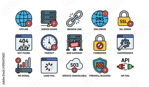 Network error icons representing website failures on white background