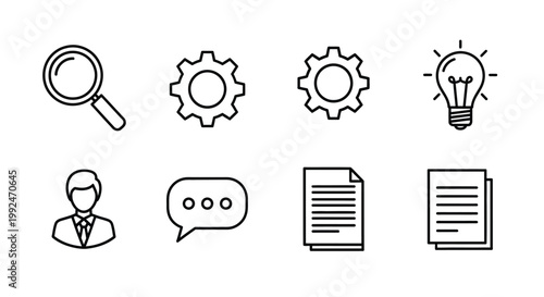 Black and white line icons representing research communication and documentation