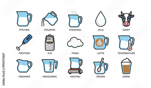 Milk and milk jug icons showing dairy tools on white background